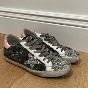 Golden Goose Super-Star 38 Green Shimmer Camo Silver Glitter
